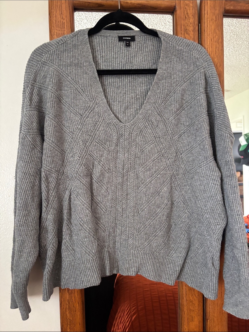 Express Gray Cable Knit V-Neck Oversized Sweater XL